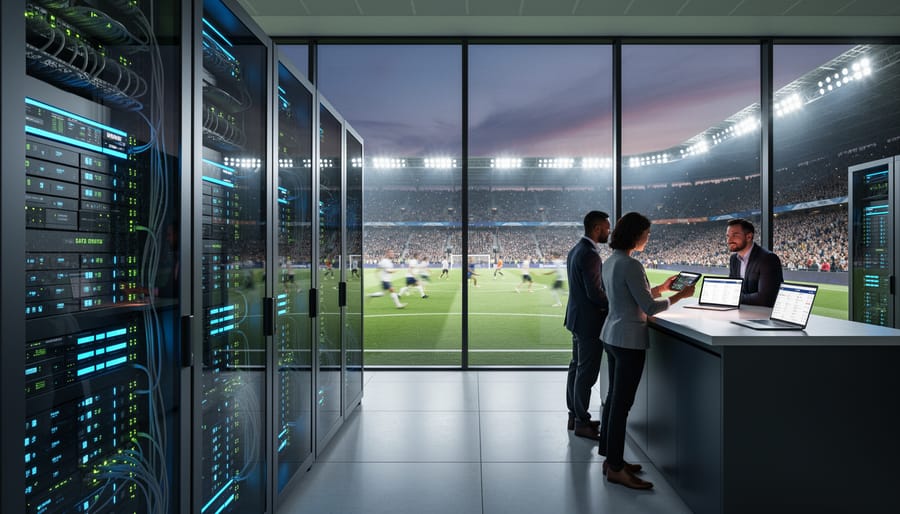 Modern server rack with illuminated LED indicators in data center environment