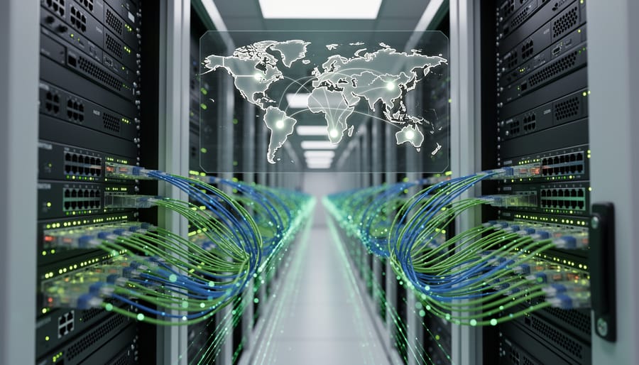Close-up of illuminated fiber optic cable ends transmitting data