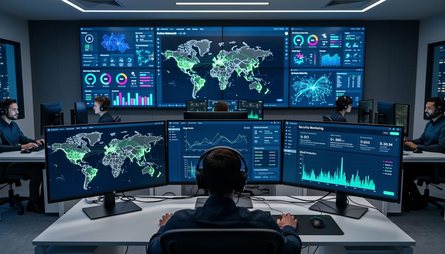 Security operations center monitoring network traffic and system status