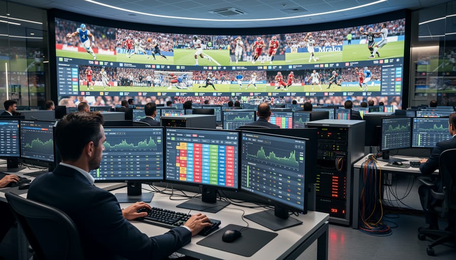 Illuminated sports stadium during evening event with crowd in attendance