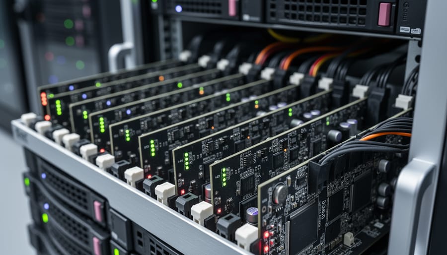 Rack-mounted server hardware with fiber-optic cables in a data center