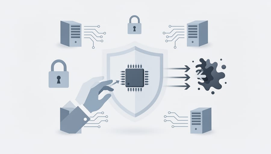 Gloved hands beside a hardware security module and laptop in a secure lab environment